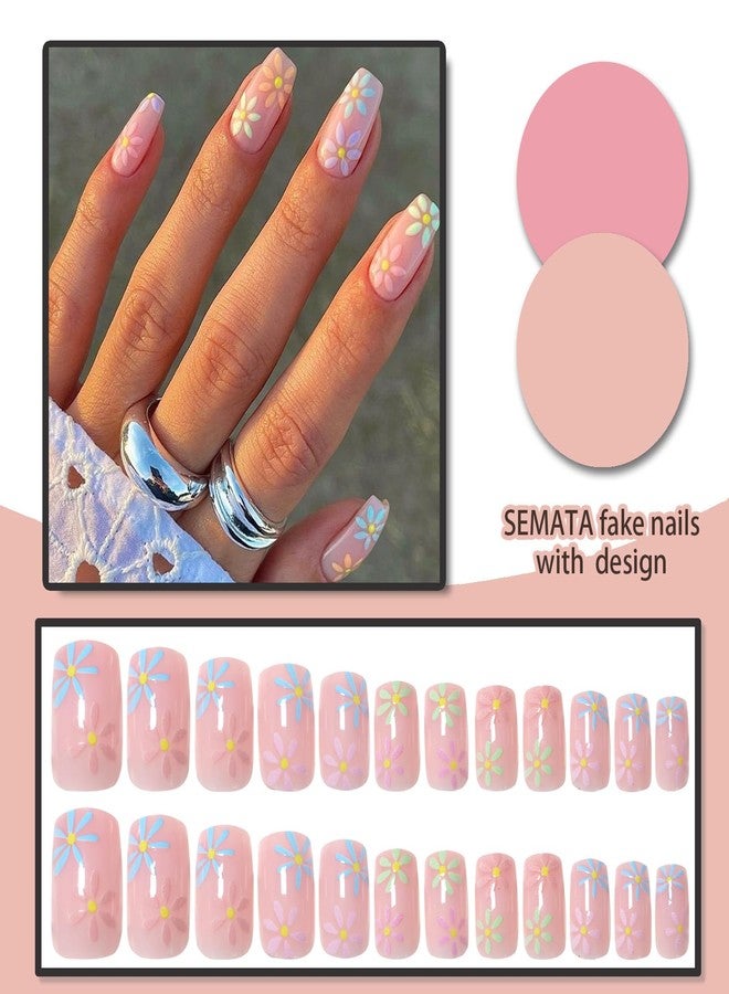 SEMATA Pink Flower Press on Nails Short Square Acrylic Nails Press ons Spring Summer Cute Glue on Fake Nail with Colorful Flower Designs Artificial Stick on False Nail for Women and Girls - Image 4